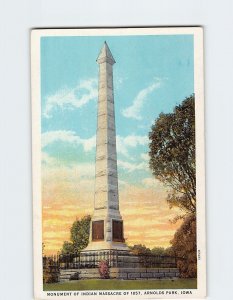 Postcard Monument Of American Indian Massacre Of 1857 Arnolds Park Iowa USA