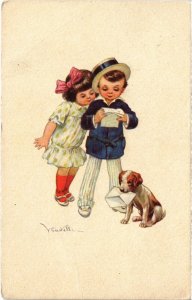 PC ARTIST SIGNED, CASTELLI, BOY & GIRL WITH DOG, Vintage Postcard (b46373)