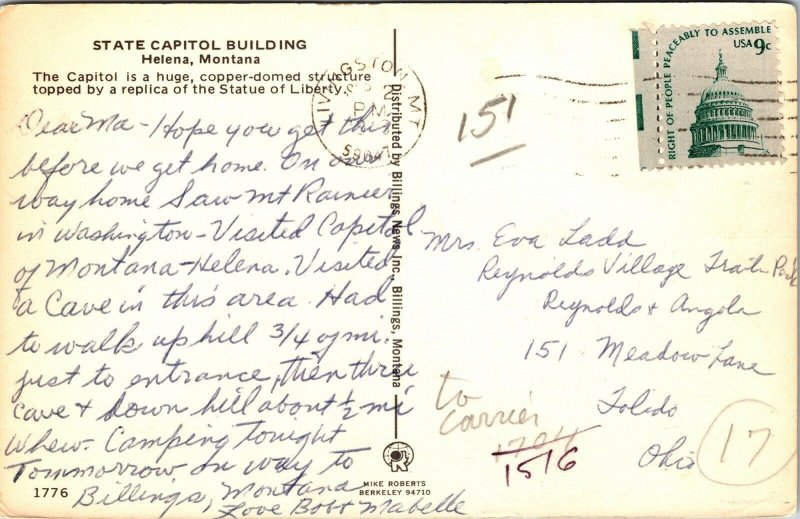 State Capitol Building Montana Helna MT Postcard PM Livingston MT Cancel WOB VTG 