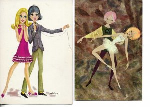 Young couple. Singing. Dancing Lot of 2 modern , srtist drawn, Spanish PC