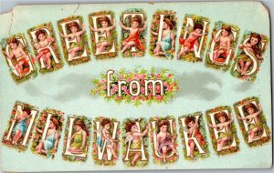 Greetings from Milwaukee Angels Cherubs in Each Letter Vintage Postcard S04