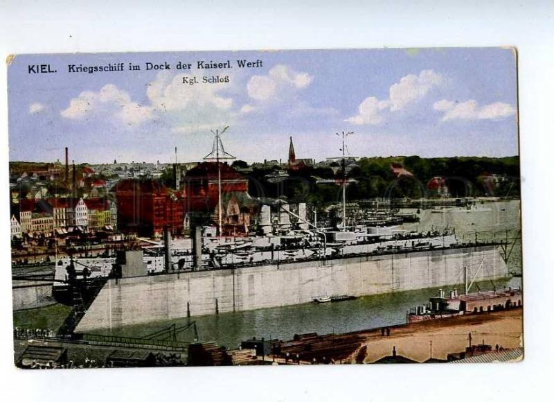 191635 GERMANY KIEL battleship in dockyard Vintage postcard