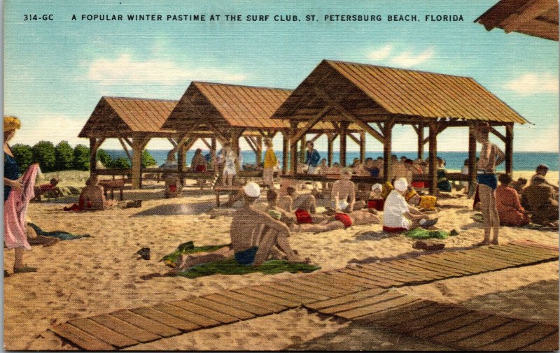 Vtg 1930s Sunbathing at the Surf Club St Petersburg Beach Florida FL Postcard