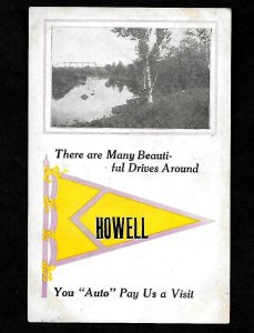 MP Howell, Mich. Yellow Purple Pennant, Scenic Bridge & Water