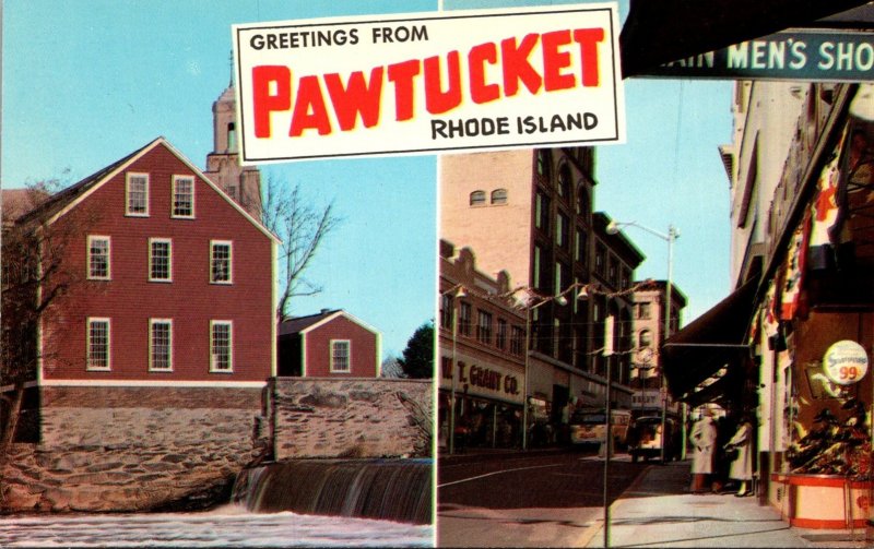 Rhode Island Pawtucket Greetings Showing Main Street and Old Slater Mill