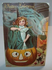 Vintage Halloween Postcard Sanders 1908 Original Embossed Witch Inside Pumpkin 