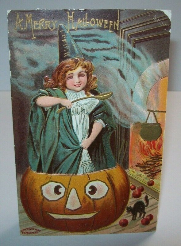 Vintage Halloween Postcard Sanders 1908 Original Embossed Witch Inside Pumpkin 