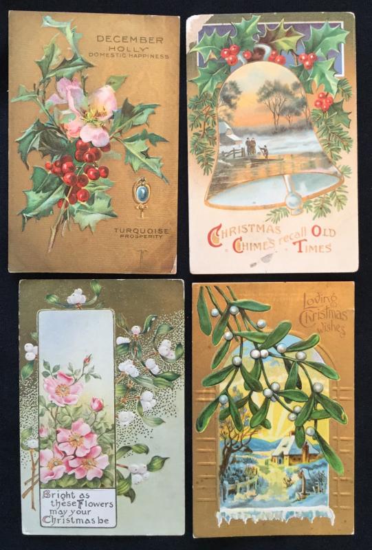 Postcard (4) Unused Christmas Holly/Flowers/Mistletoe LB