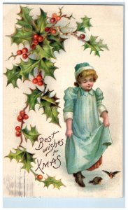 1909 Christmas Girl Holly Berries Birds Nash Embossed Hobart Mills CA Postcard