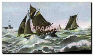 Postcard Old fishing boat rallying the port in bad weather Boat