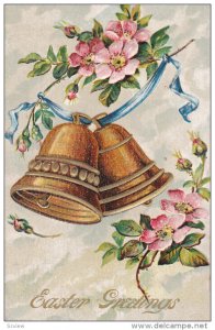 EASTER: Greetings, Ringing Bells, Pink Flowers, Blue Ribbon, Gold Detail, 0...