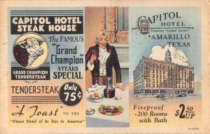 Amarillo Texas Capitol Hotel Steak House Linen Vintage Postcard AA26302