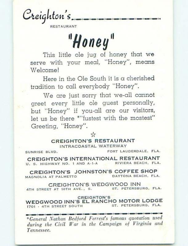 Unused Pre-1980 HONEY STORY AT CREIGHTON'S RESTAURANT Ft. Lauderdale FL v7600