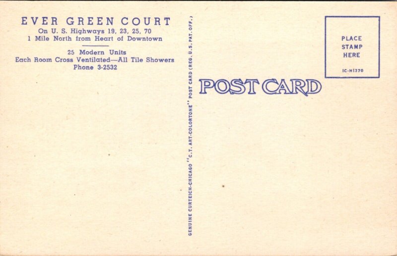 Linen Postcard Ever Green Court Motel 612 Merrimon Ave Asheville North Carolina