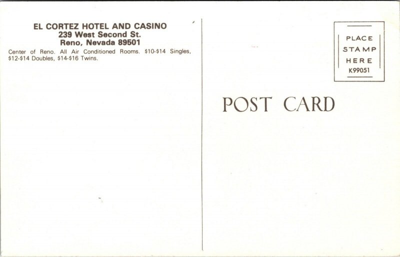 Postcard El Cortez Hotel and Casino in Reno, Nevada~1030