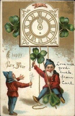 New Year - Gnomes/Elves on Clock Chimes Fantasy c1910 Pos...