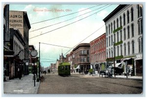 1908 Monroe Street Trolley Street Watch Horse Buggy View Toledo Ohio OH Postcard