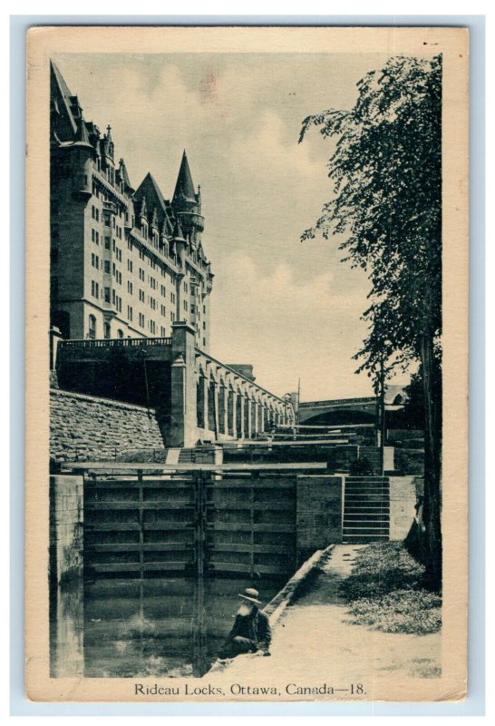 c1950's Scene of Man Sitting, Rideau Locks Ottawa Canada Unposted Postcard