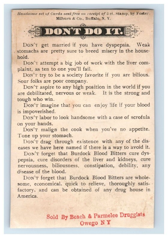 1880s Burdock Blood Bitters Quack Med. Beach & Parmelee Druggists Owego, NY P105 