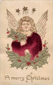 A MERRY CHRISTMAS~BEAUTIFUL ANGEL WEARING FELT ROBE~ 1910s POSTCARD