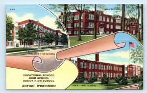ANTIGO. WI Wisconsin ~ JUNIOR, VOCATIONAL & HIGH SCHOOLS c1940s Linen Postcard