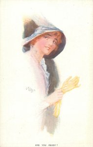 British illustrator Wiles fancy drawn glamour woman Are you ready? postcard