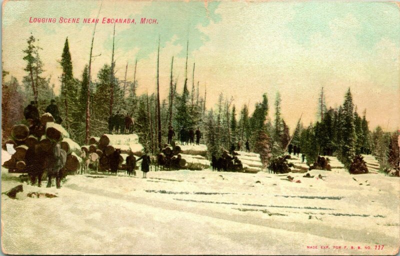 Vtg Postcard 1907 Escanaba Michigan MI Logging Scene in The Snow Log Cart Horses