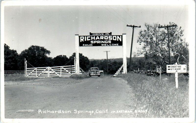 RPPC  RICHARDSON SPRINGS, CA  ENTRANCE & Highway Signs c1940s Roadside  Postcard