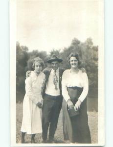 Pre-1930 rppc MAN HUGS HIS WIFE & DAUGHTER o2112