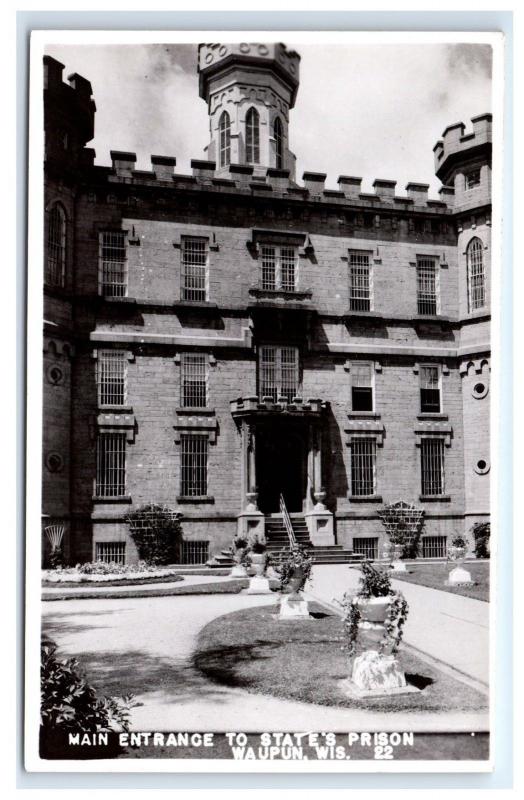 Postcard Main Entrance to State's Prison, Waupun, Wisconsin WI RPPC H16