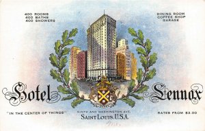 St. Louis Missouri 1940s Postcard Hotel Lennox
