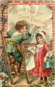 Postcard 1910 Brundage Children Brother kiss greeting 22-13910