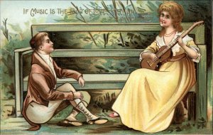 Valentine Woman Plays Guitar for Man Shakespeare Quote Romance c1910 Postcard