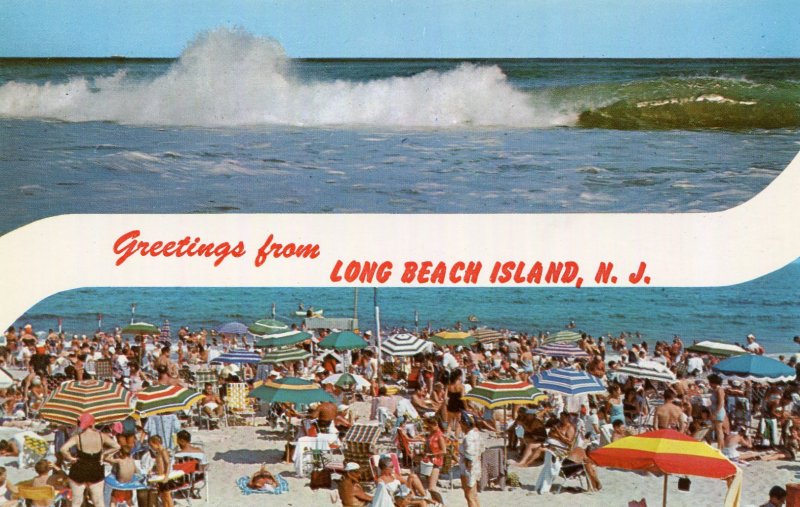 LONG BEACH ISLAND NJ BANNER GREETINGS OCEAN & BEACH UNUSED CHROME POSTCARD