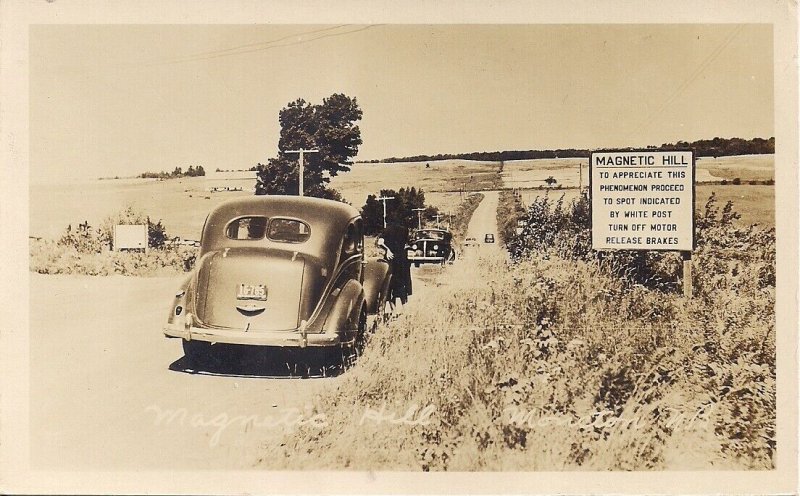 RPPC Moncton NB CANADA 1940's Magnetic Hill Roadside Attraction, Old Cars