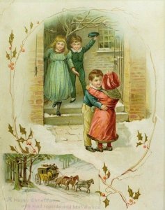 1880's-90's Victorian Christmas Card Winter Snow Children Horses Carriage &K