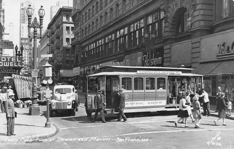 RPPC Cable Car SAN FRANCISCO Powell & Market Street Scene 1940s Vintage Postcard