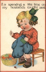 Children Comic Playing House Girl Sews Boys Pants c1910s Postcard