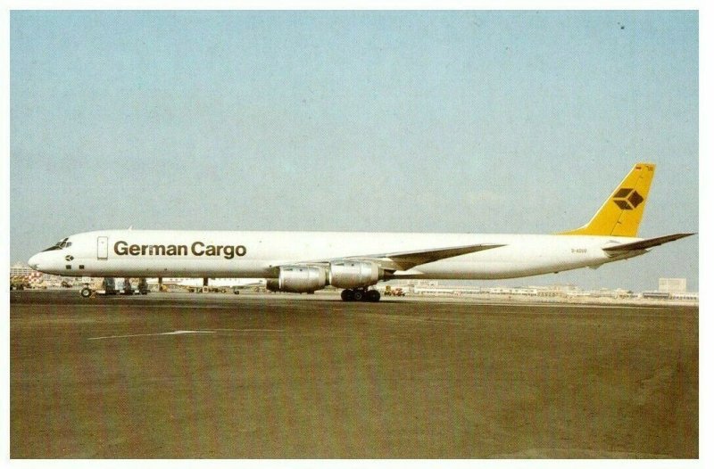 German Cargo McDouglas DC 8 73AF at Dubai Airport Postcard 1984