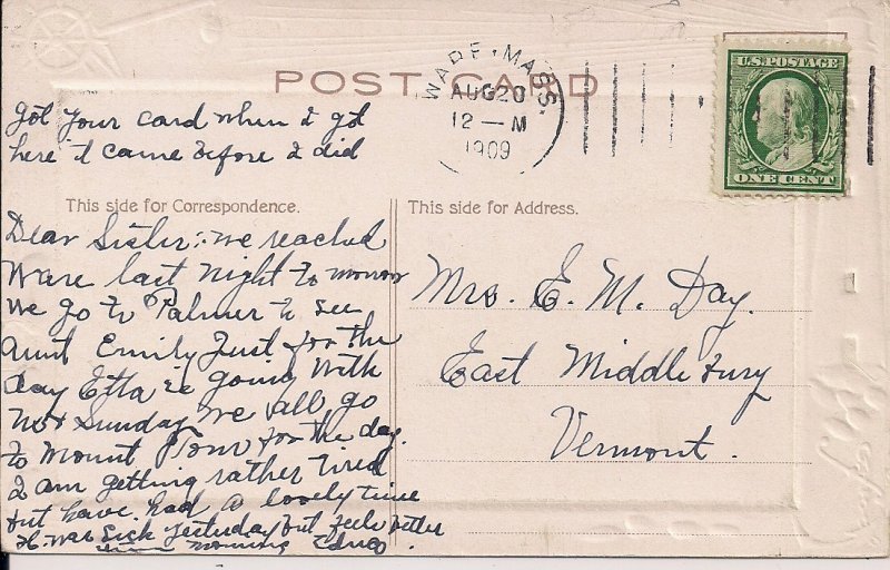 Nantasket Beach, MA, Lighthouse, Storm at Sea, 1909 Heavily Embossed, Postmark