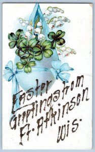 1908 EASER GREETINGS from FORT ATKINSON WISCONSIN ANTIQUE GLITTER MICA POSTCARD