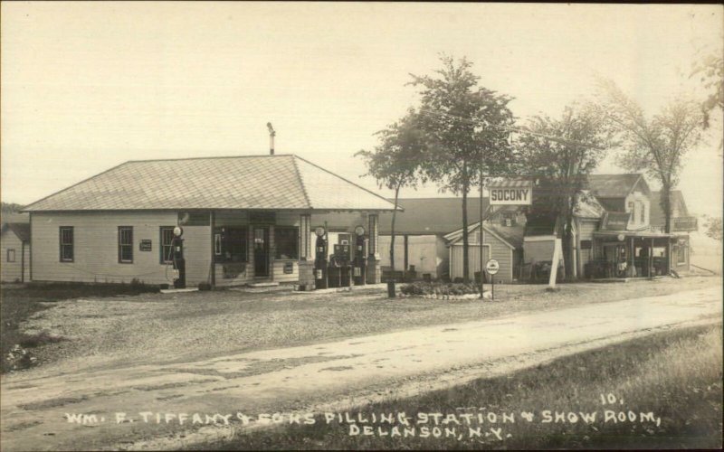 Delanson NY Wm F Tiffany & Sons Gas Station Soconoy c1915 Real Photo Postcard