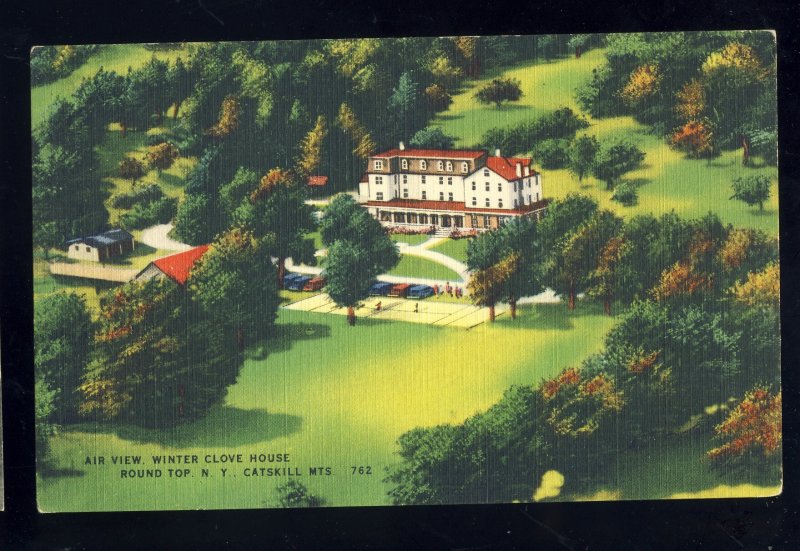 Round Top, New York/NY Postcard, Air View Winter Clove House, Catskill Mountains