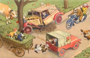 Mainzer Hartung Swiss Postcard Dressed Cats 4749 Cat Hay Wagon Causes Accident