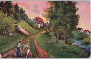 A Mountain Road w / Women Working & Cottage Watercolor Artist Postcard