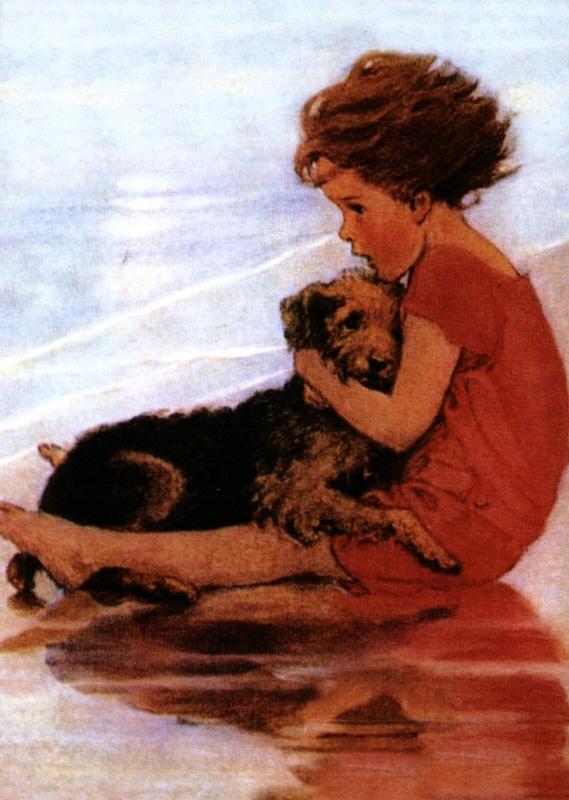 LITTLE GIRL in red dress with DOG Sea Coast Beach New Unposted Postcard