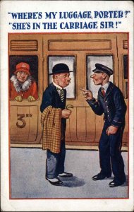 Train Car Porter Unhappy Marriage Comic Vintage Postcard