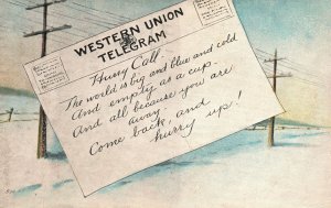Vintage Postcard 1917 Western Union Telegram Hurry Call Come Back And Hurry Up