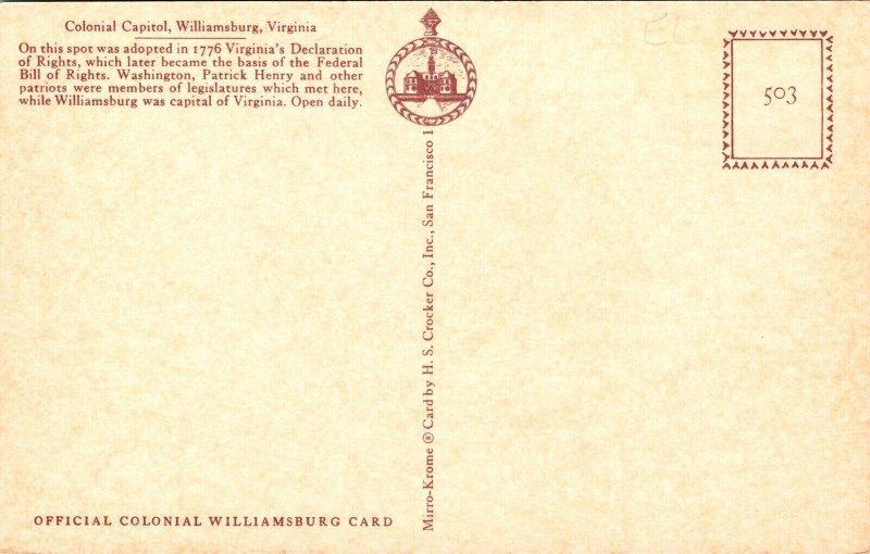 Colonial Capitol Williamsburg Virginia VA Postcard VTG UNP Mirro Vintage Unused  