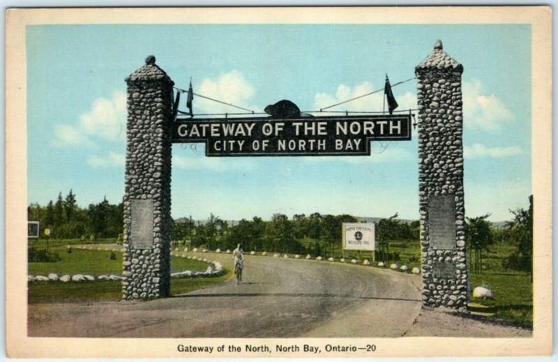 c1930s North Bay, Ontario Entrance Gateway Gate Postcard Lions Photogelatine A2